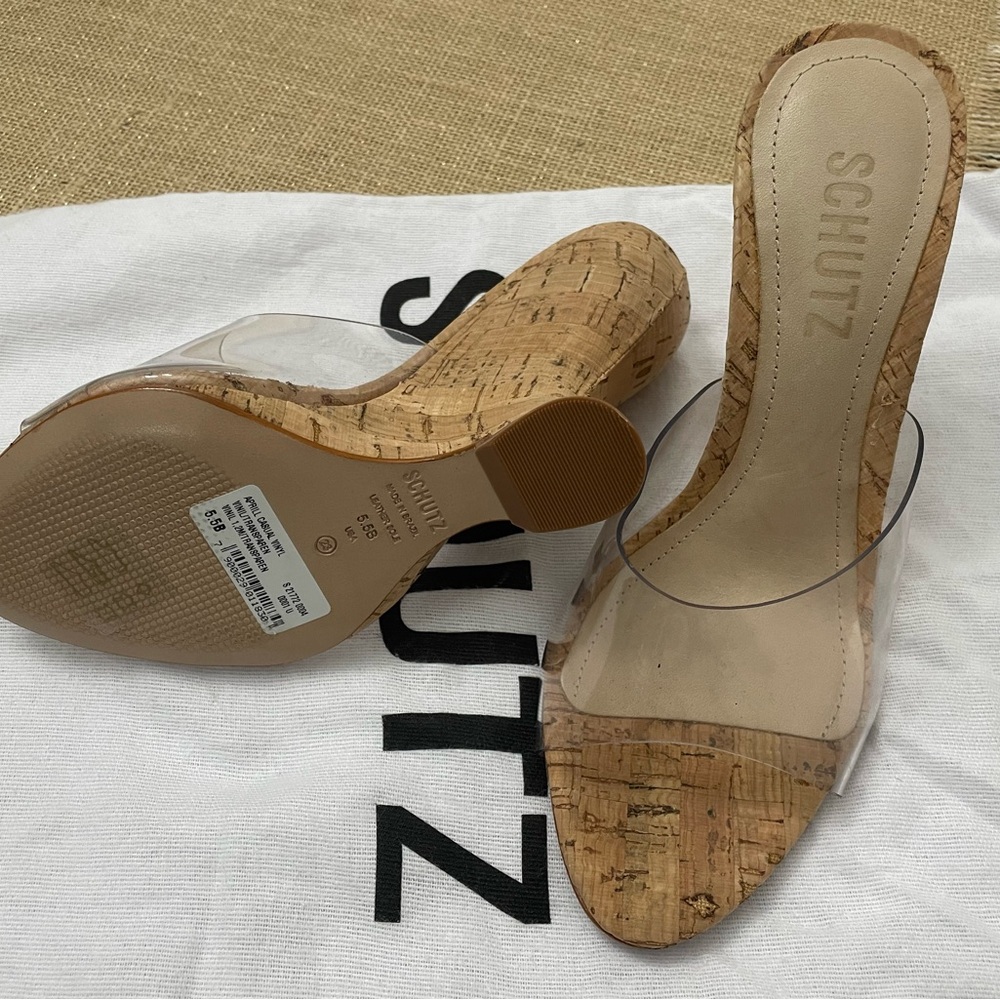 SCHUTZ Clear PVC and Cork Mule Heels - Picture 3 of 6